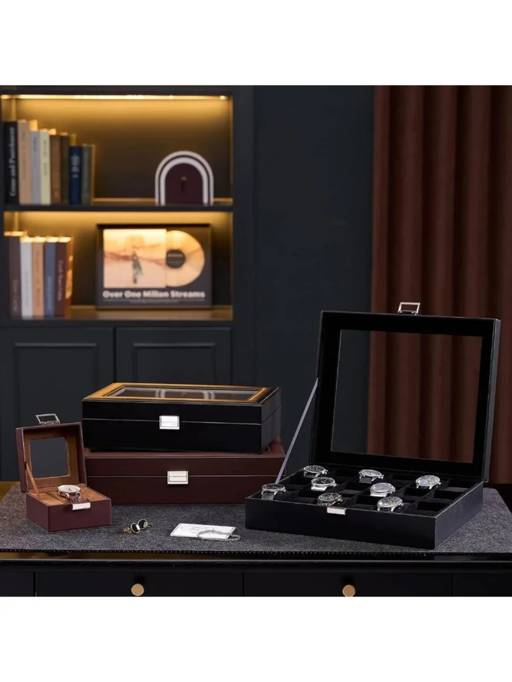 18-Slot Watch Box Organizer - Elegant Espresso & Beige Display Case for Watches